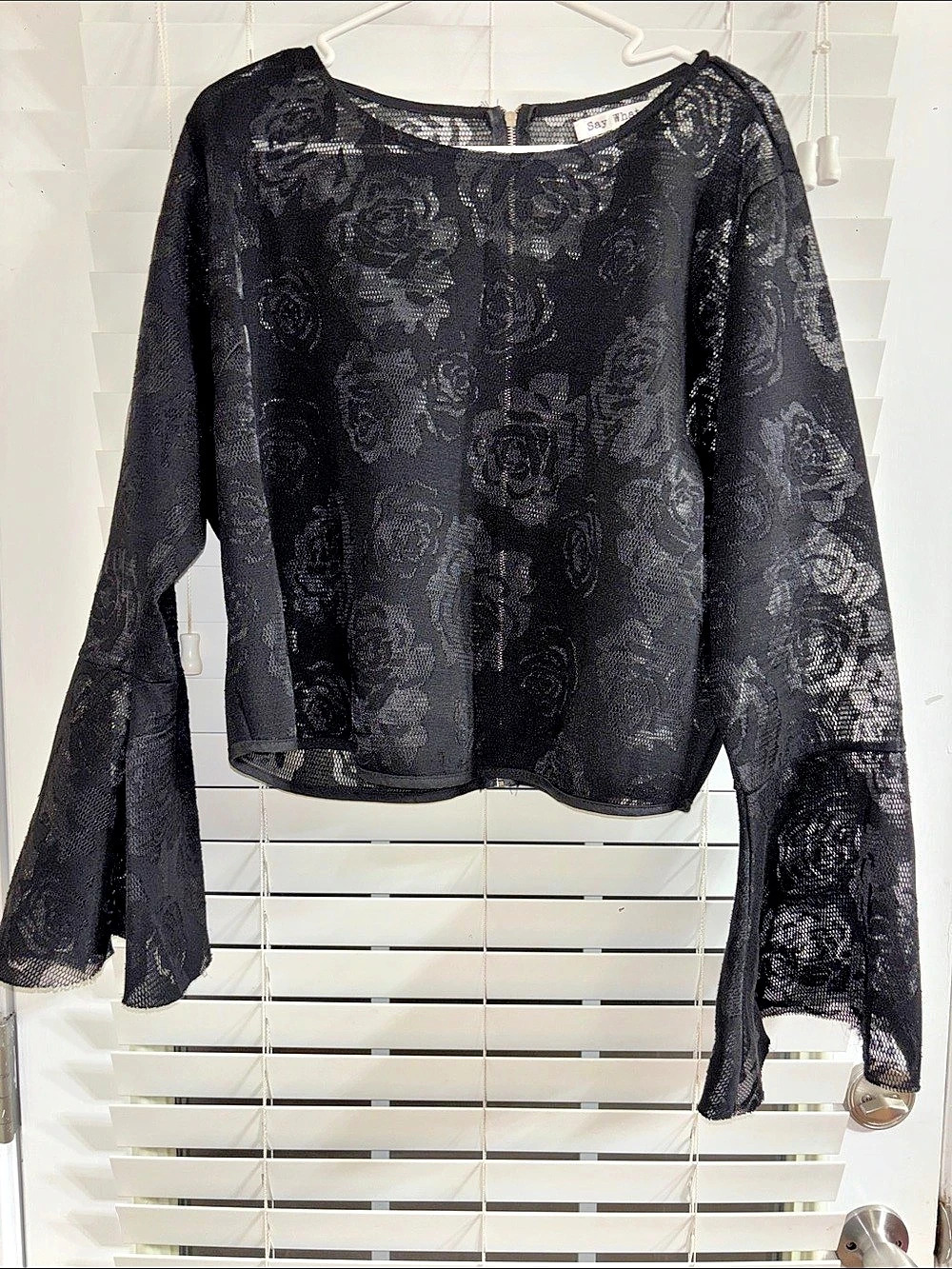 Say What? Floral Lace Bell Sleeve Blouse Black Small Like New